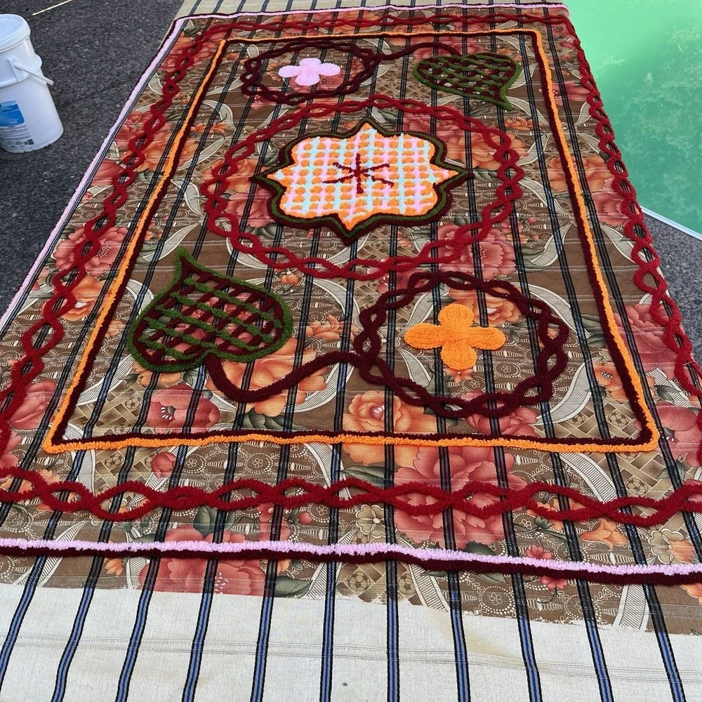 VTG Handmade Chenille Embroidered Floral Tapestry Wall Hanging 56X80 Table‎